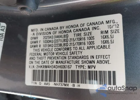 2013 Honda Cr-V Lx из США, поврежденный, VIN 2HKRM4H34DH606167